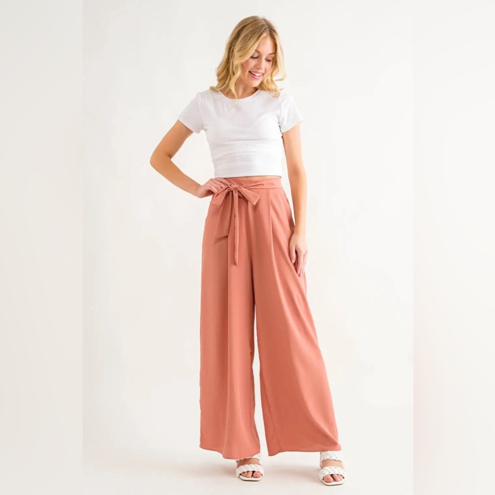 Wide Leg Pleated Pants with Self Tie and Pockets | Mauve